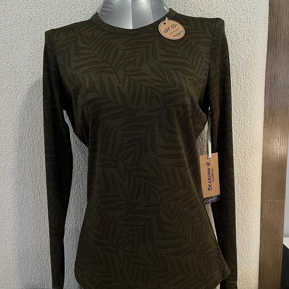 BearPaw Olive Green Long Sleeve Crewneck Top with Subtle Leaf Print